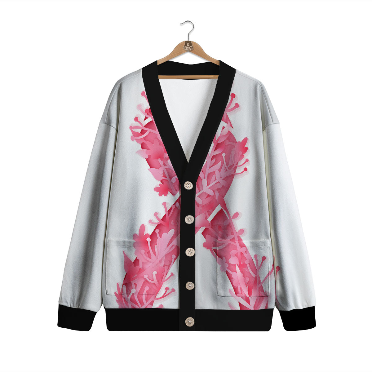 Ribbon Flower Pink Breast Cancer Print Cardigan-grizzshop