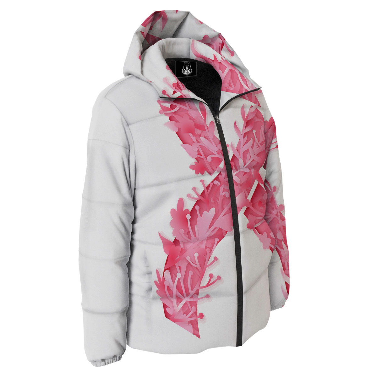 Ribbon Flower Pink Breast Cancer Print Down Jacket-grizzshop