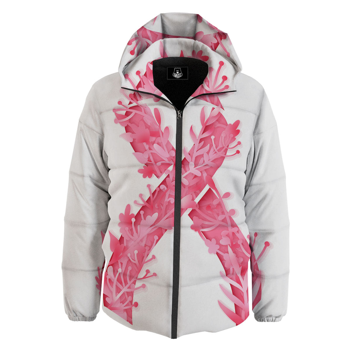 Ribbon Flower Pink Breast Cancer Print Down Jacket-grizzshop