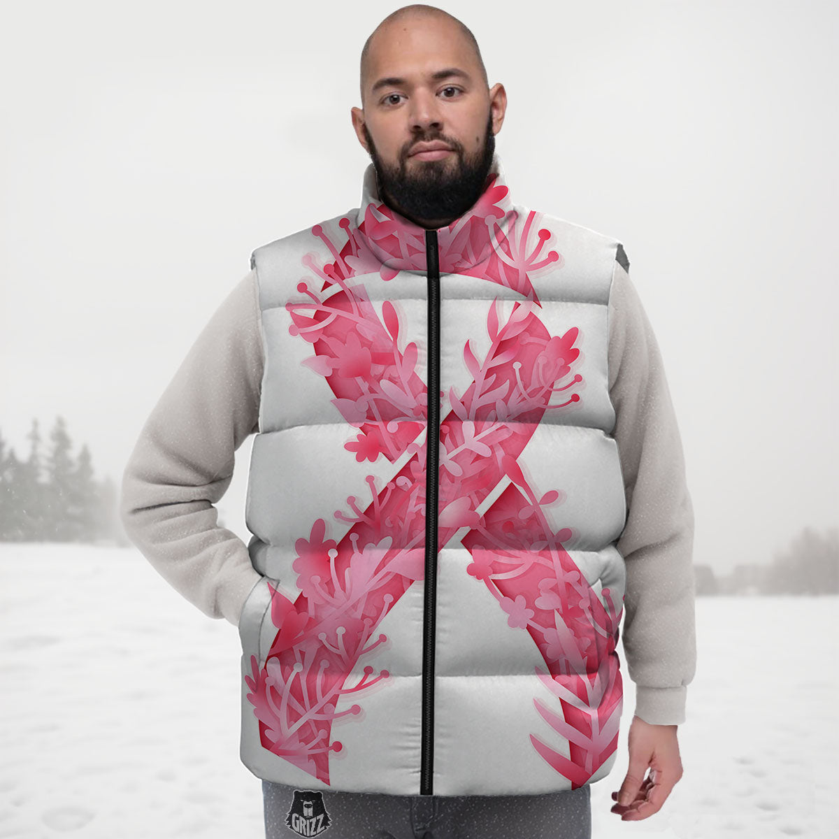 Ribbon Flower Pink Breast Cancer Print Down Vest