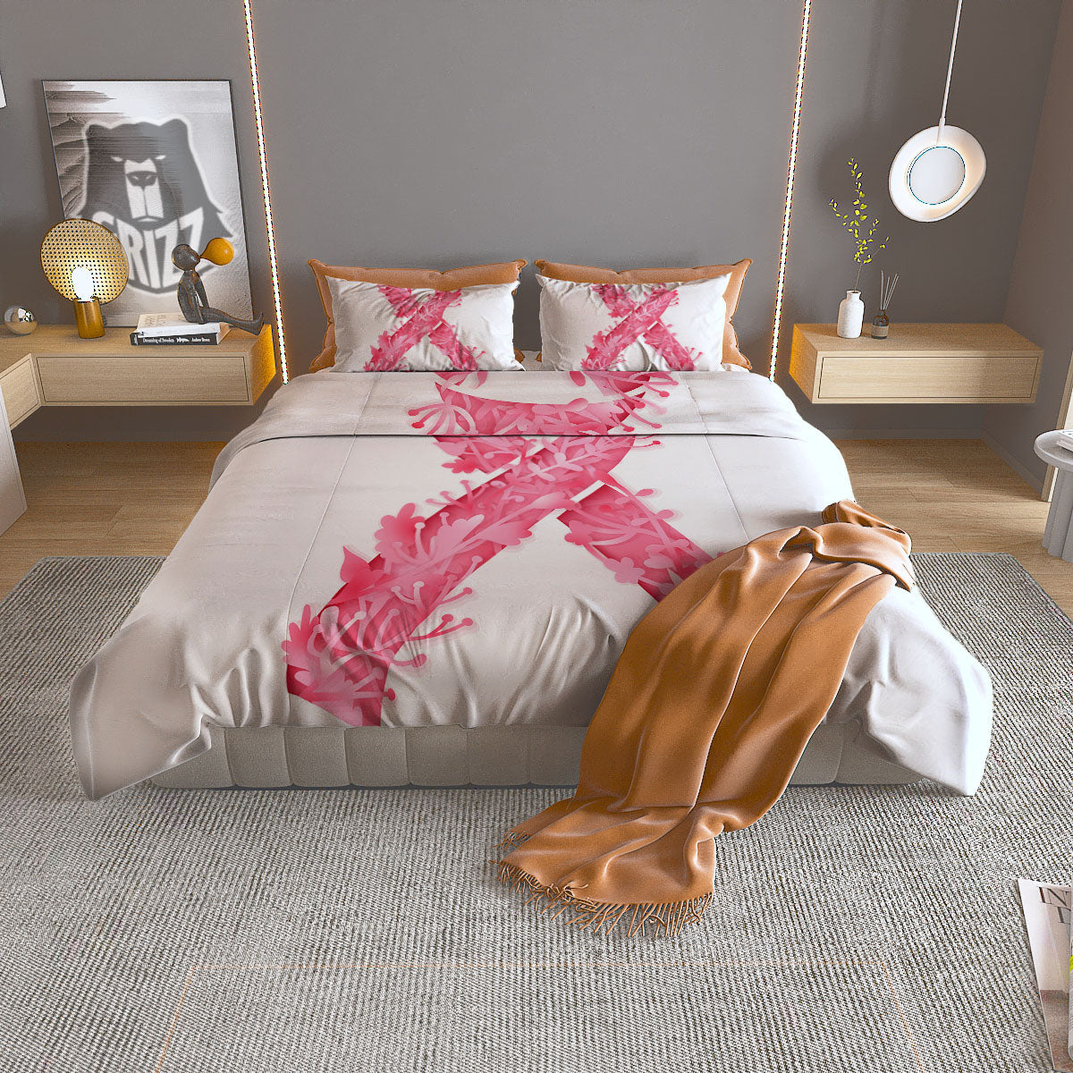Ribbon Flower Pink Breast Cancer Print Duvet Cover Bedding Set