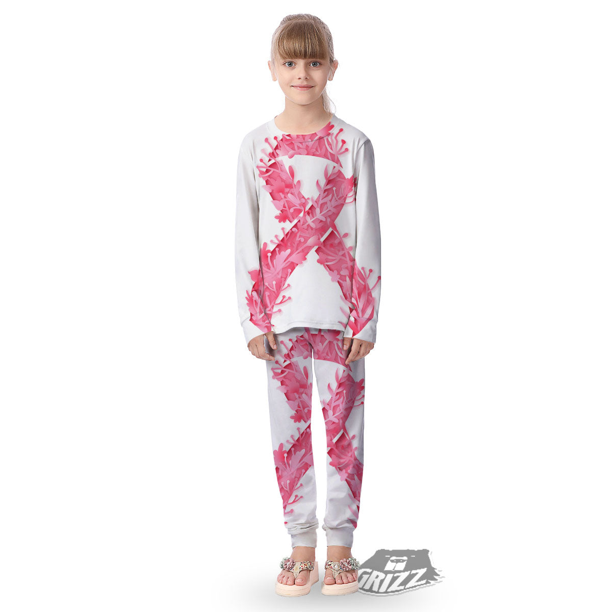 Ribbon Flower Pink Breast Cancer Print Kid's Pajamas-grizzshop