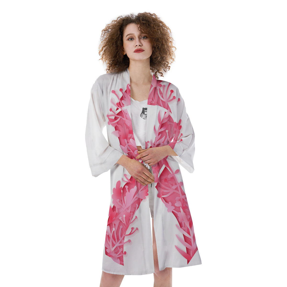 Ribbon Flower Pink Breast Cancer Print Kimono-grizzshop