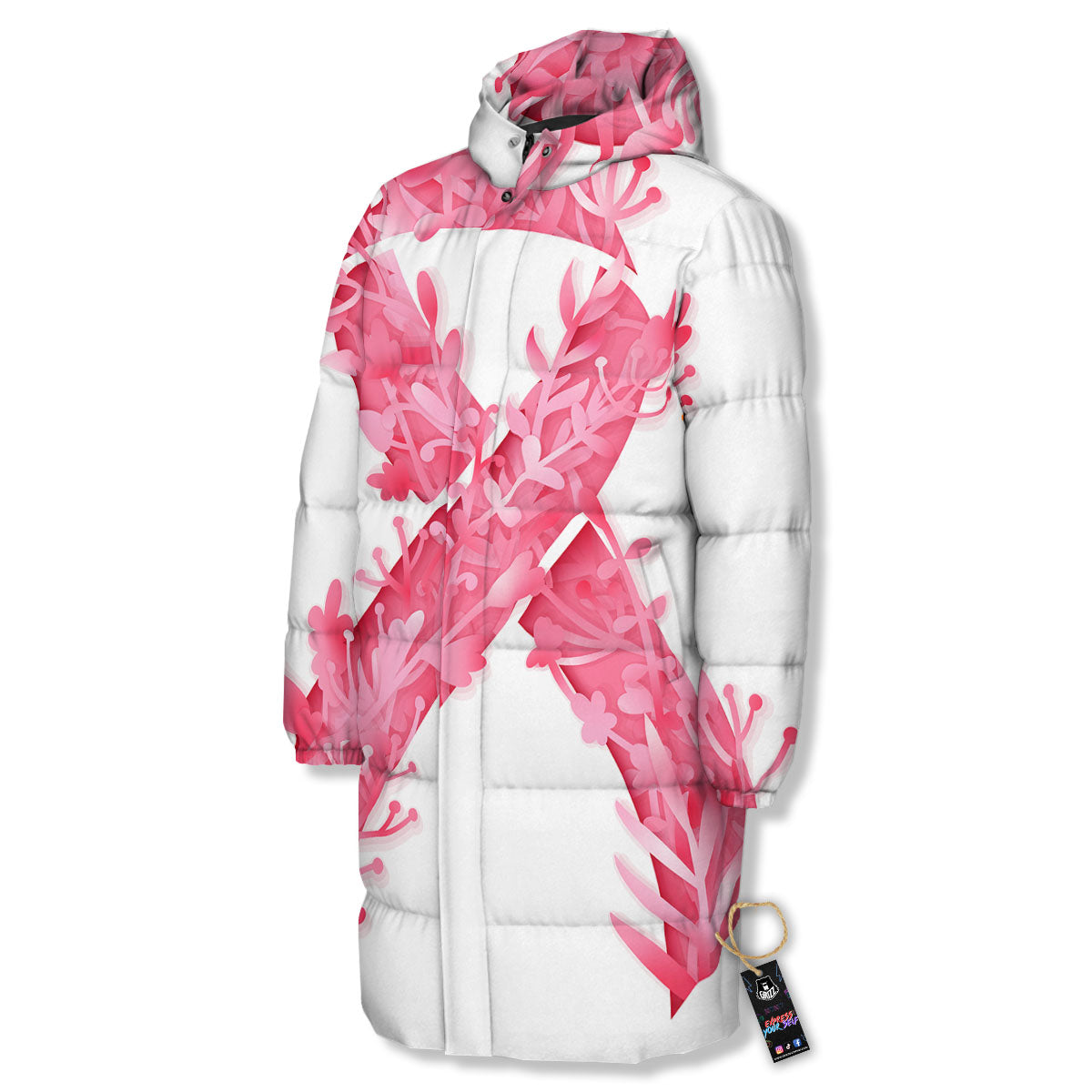 Ribbon Flower Pink Breast Cancer Print Long Down Jacket-grizzshop