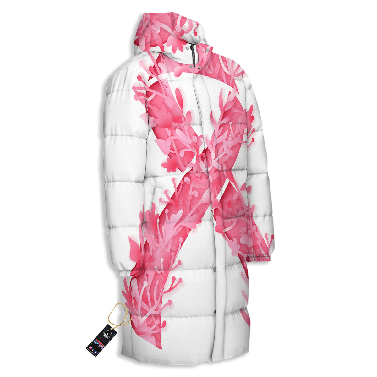 Ribbon Flower Pink Breast Cancer Print Long Down Jacket-grizzshop