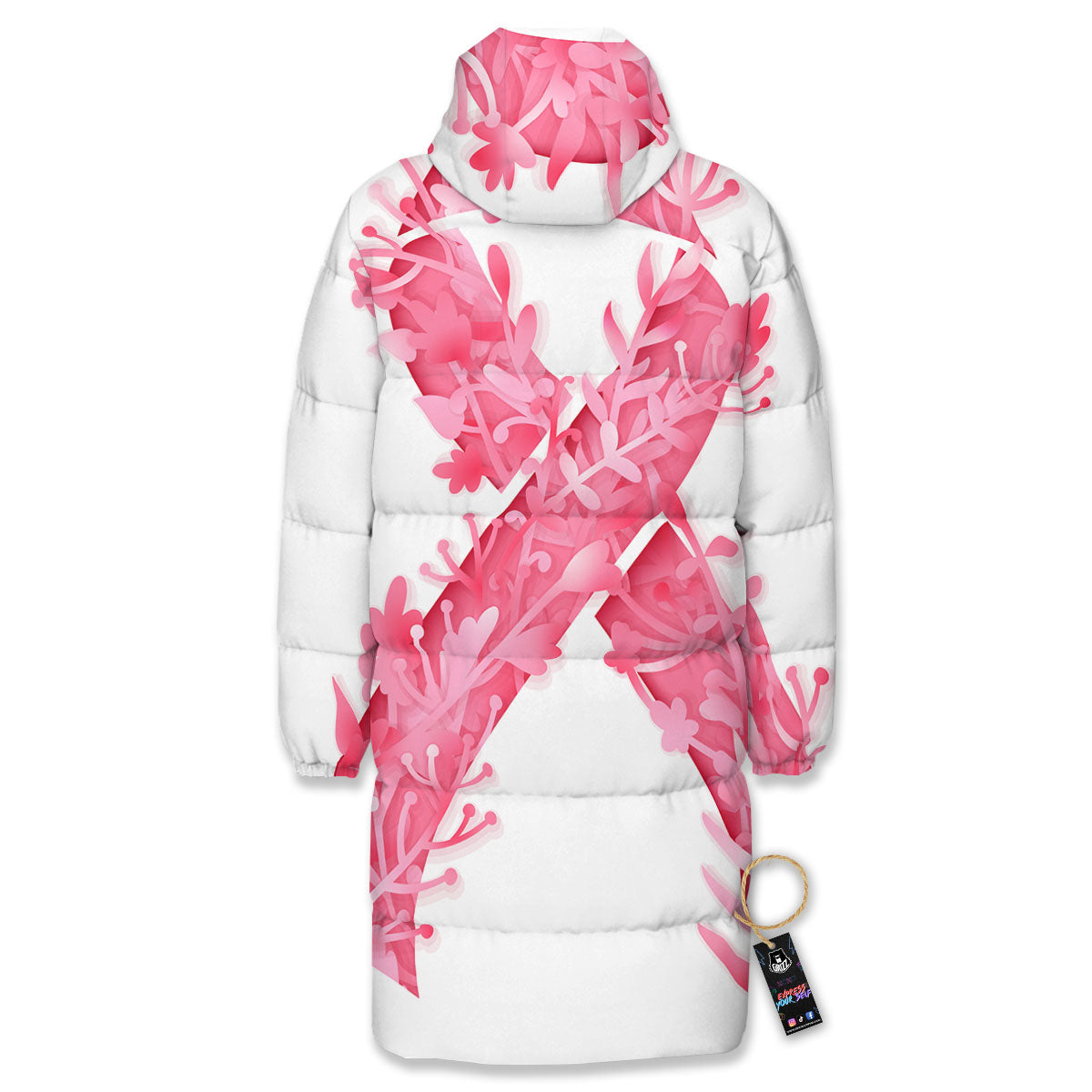 Ribbon Flower Pink Breast Cancer Print Long Down Jacket-grizzshop