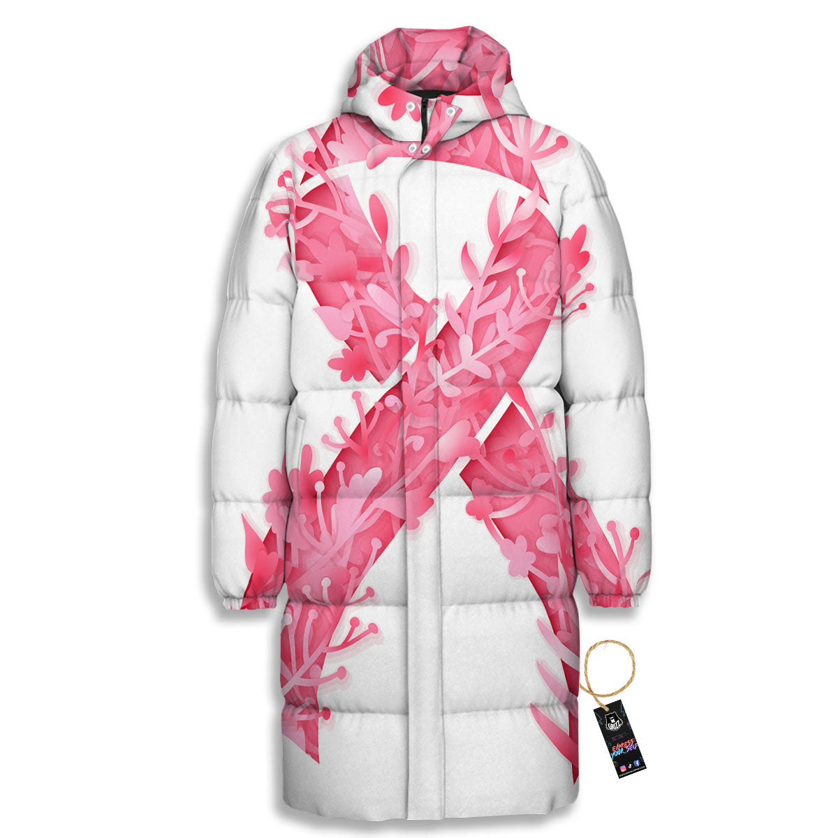 Ribbon Flower Pink Breast Cancer Print Long Down Jacket-grizzshop