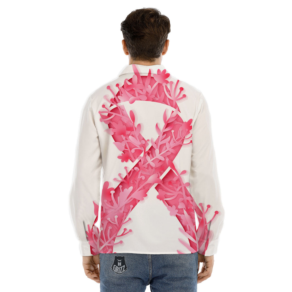 Ribbon Flower Pink Breast Cancer Print Men's Dress Shirts-grizzshop