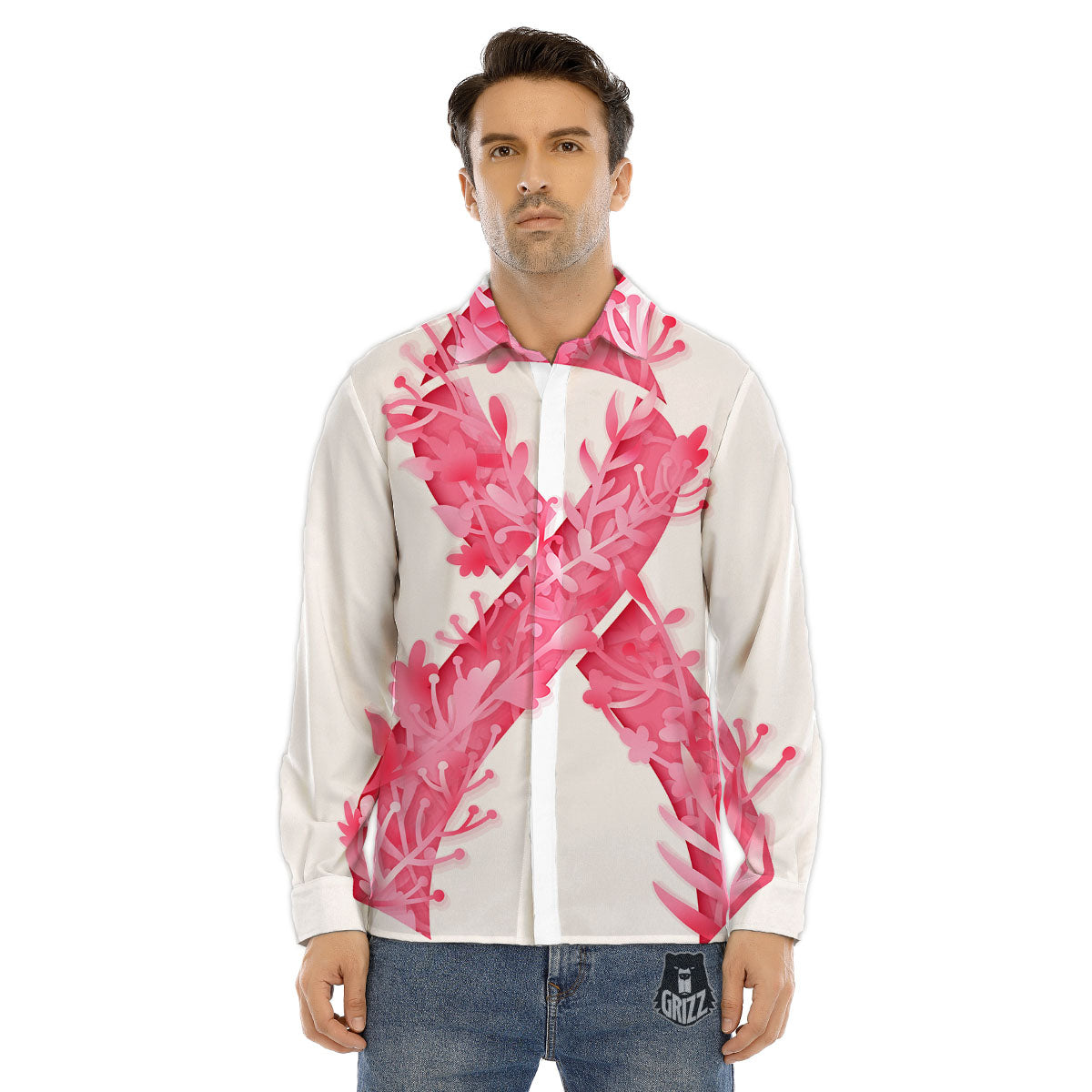 Ribbon Flower Pink Breast Cancer Print Men's Dress Shirts-grizzshop