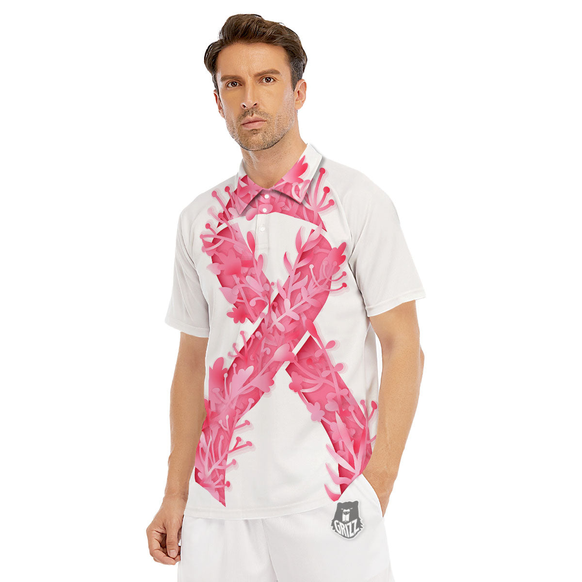 Ribbon Flower Pink Breast Cancer Print Men's Golf Shirts-grizzshop