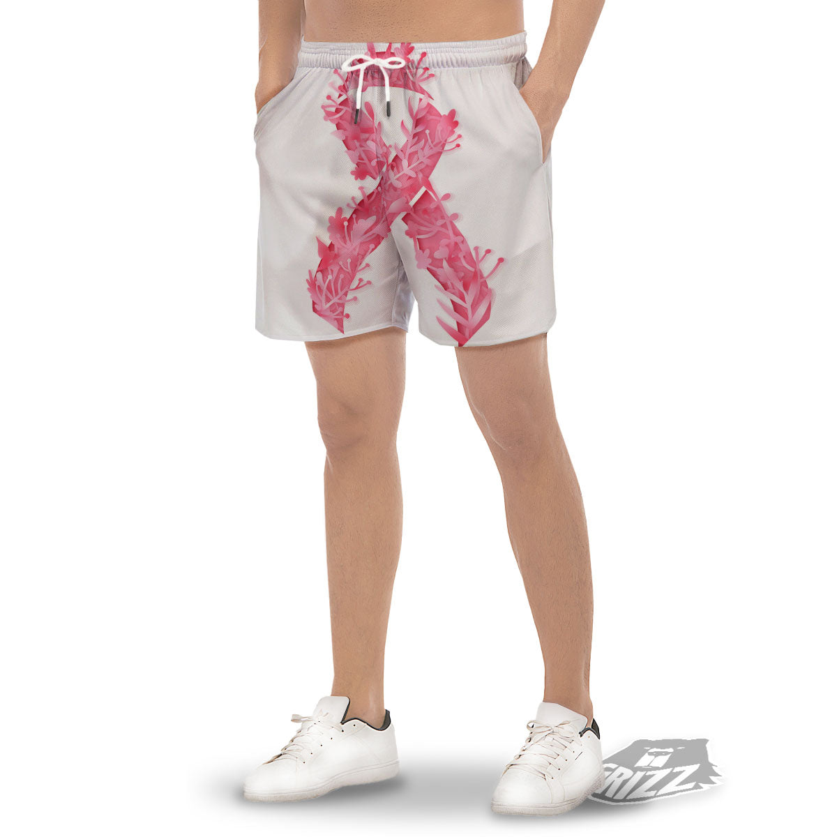 Ribbon Flower Pink Breast Cancer Print Men's Gym Shorts-grizzshop