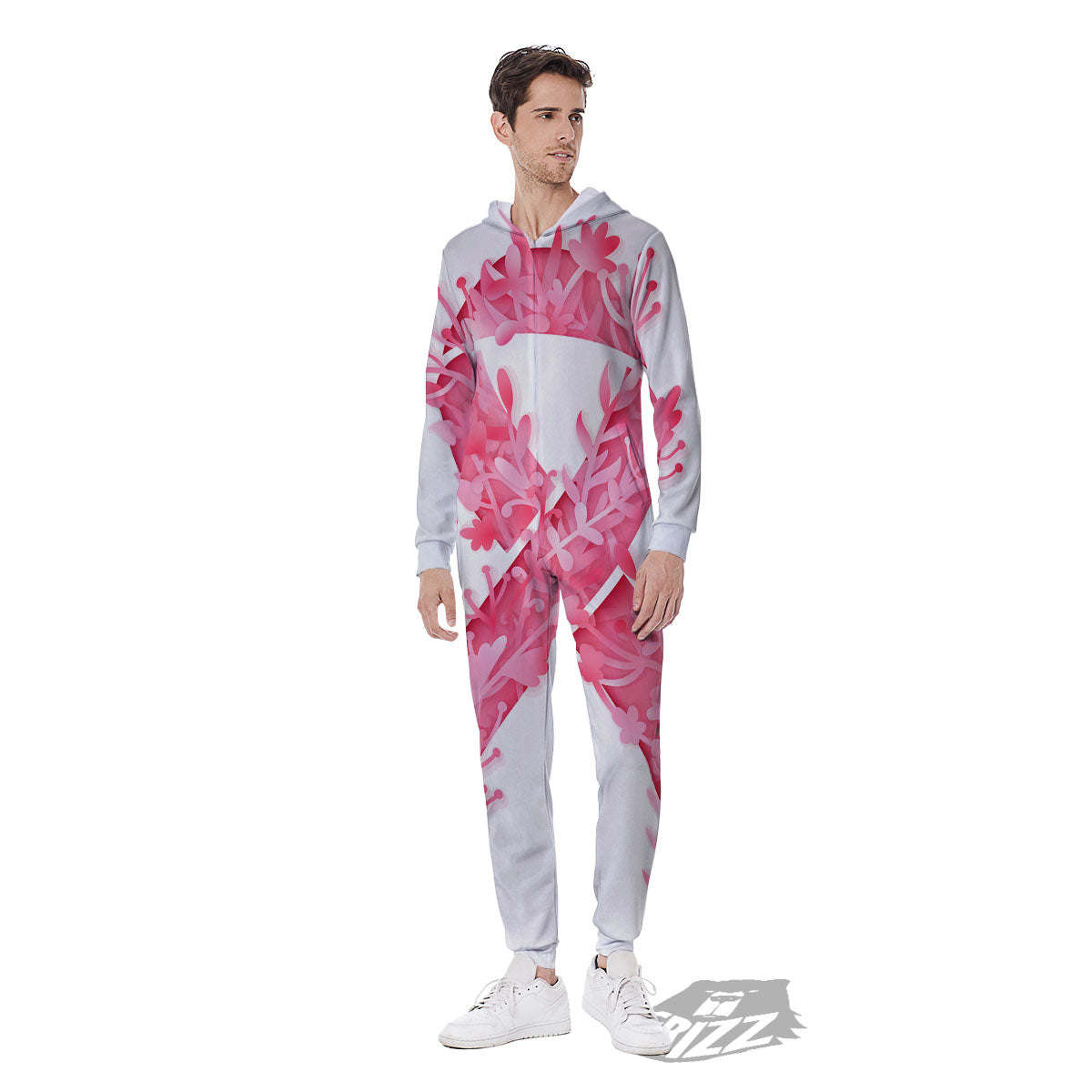 Ribbon Flower Pink Breast Cancer Print Men's Jumpsuit-grizzshop