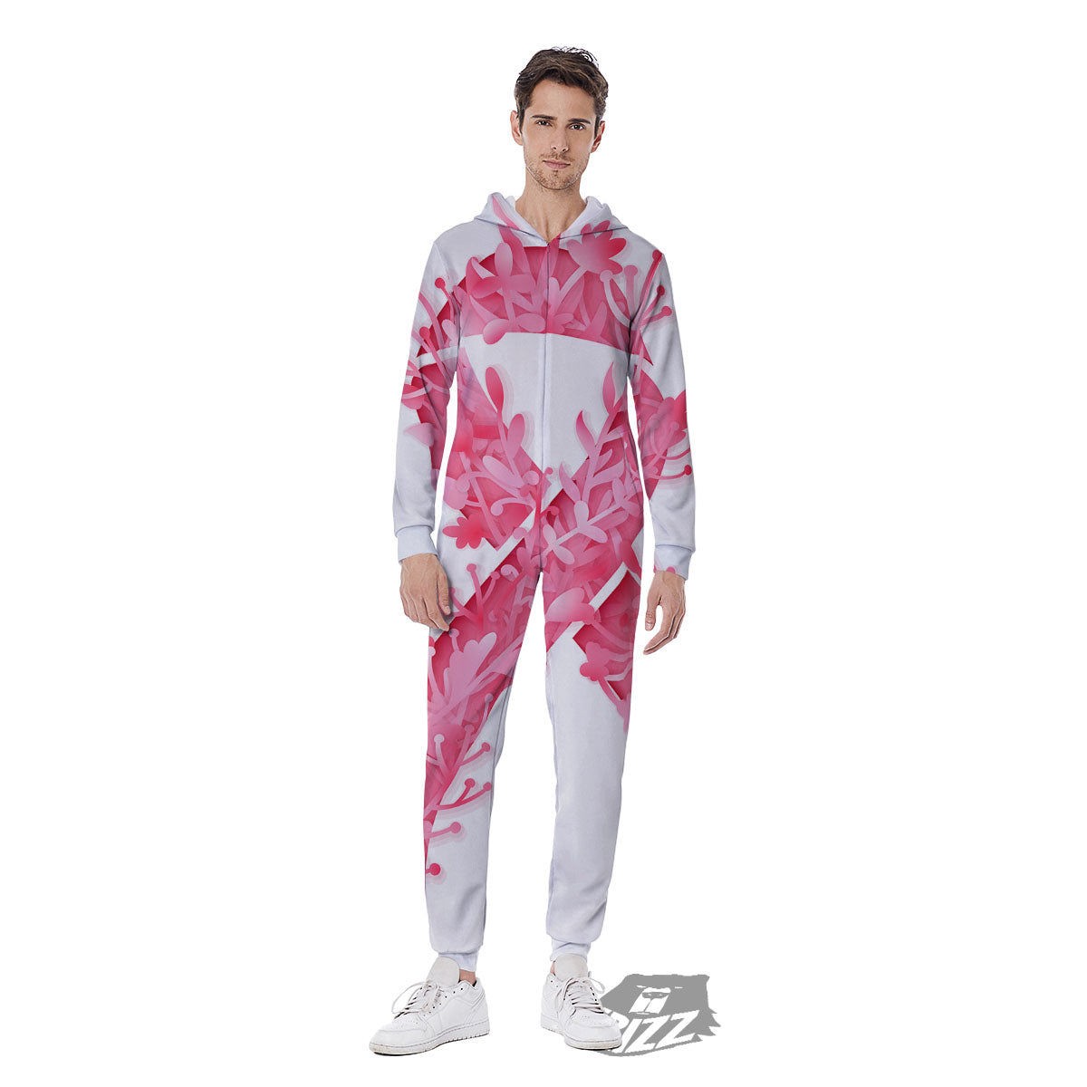 Ribbon Flower Pink Breast Cancer Print Men's Jumpsuit-grizzshop
