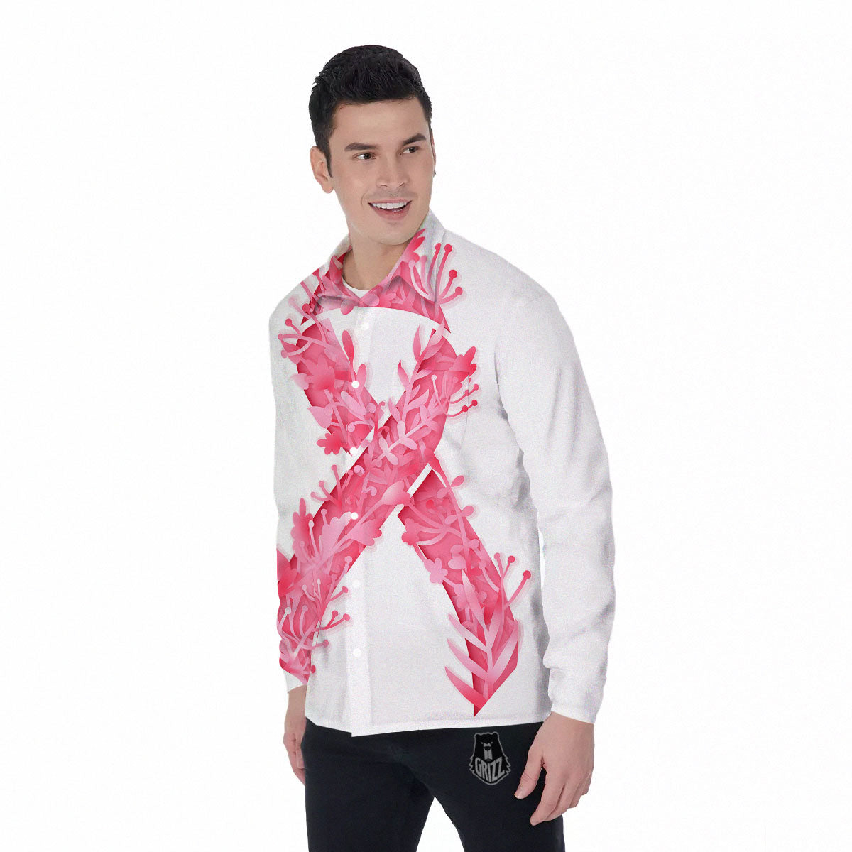 Ribbon Flower Pink Breast Cancer Print Men's Long Sleeve Shirts-grizzshop