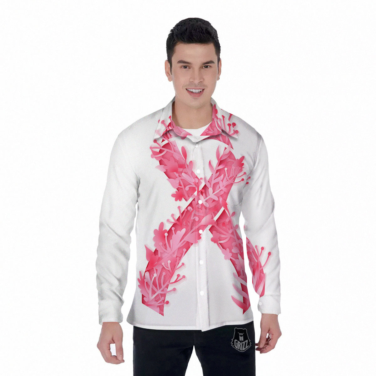 Ribbon Flower Pink Breast Cancer Print Men's Long Sleeve Shirts-grizzshop