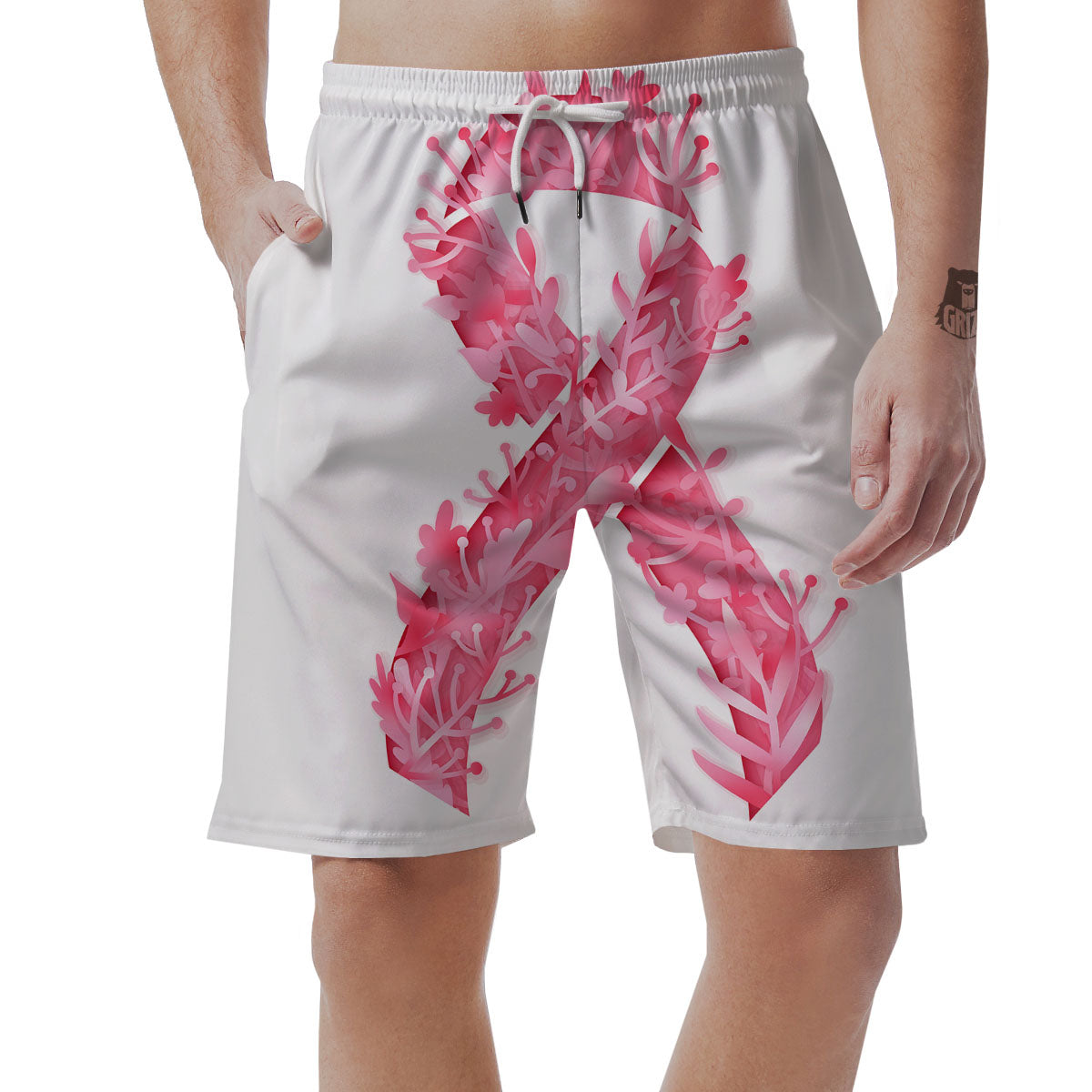 Ribbon Flower Pink Breast Cancer Print Men's Shorts-grizzshop