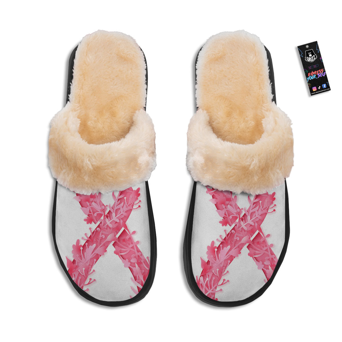 Ribbon Flower Pink Breast Cancer Print Slippers-grizzshop