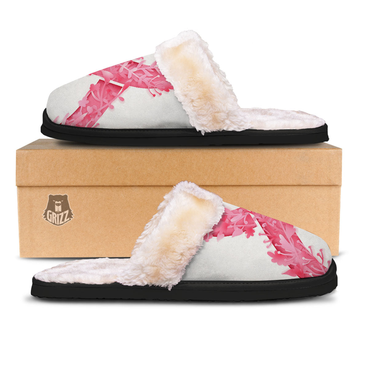 Ribbon Flower Pink Breast Cancer Print Slippers-grizzshop