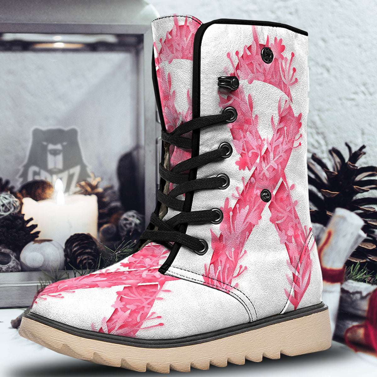Ribbon Flower Pink Breast Cancer Print Snow Boots-grizzshop