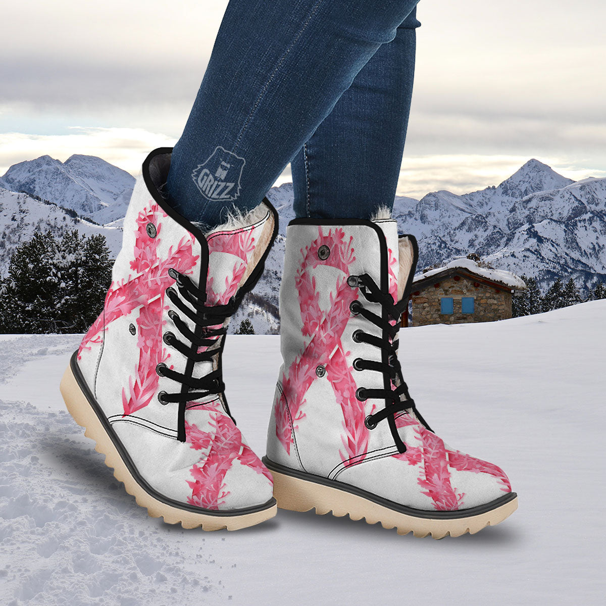 Ribbon Flower Pink Breast Cancer Print Snow Boots-grizzshop