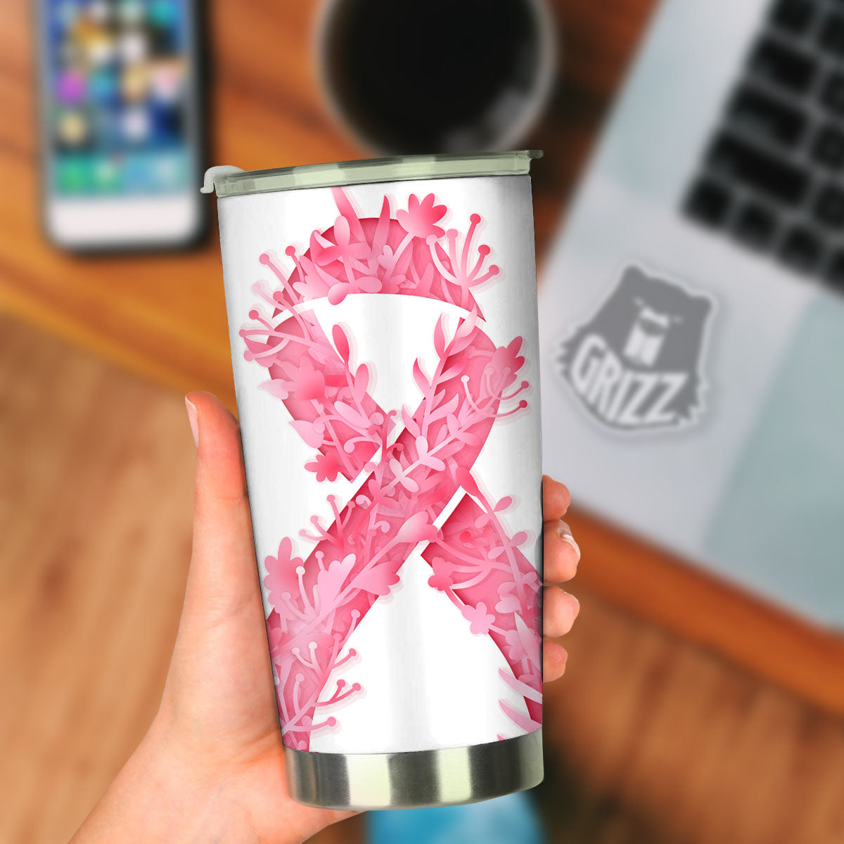 Ribbon Flower Pink Breast Cancer Print Tumbler-grizzshop