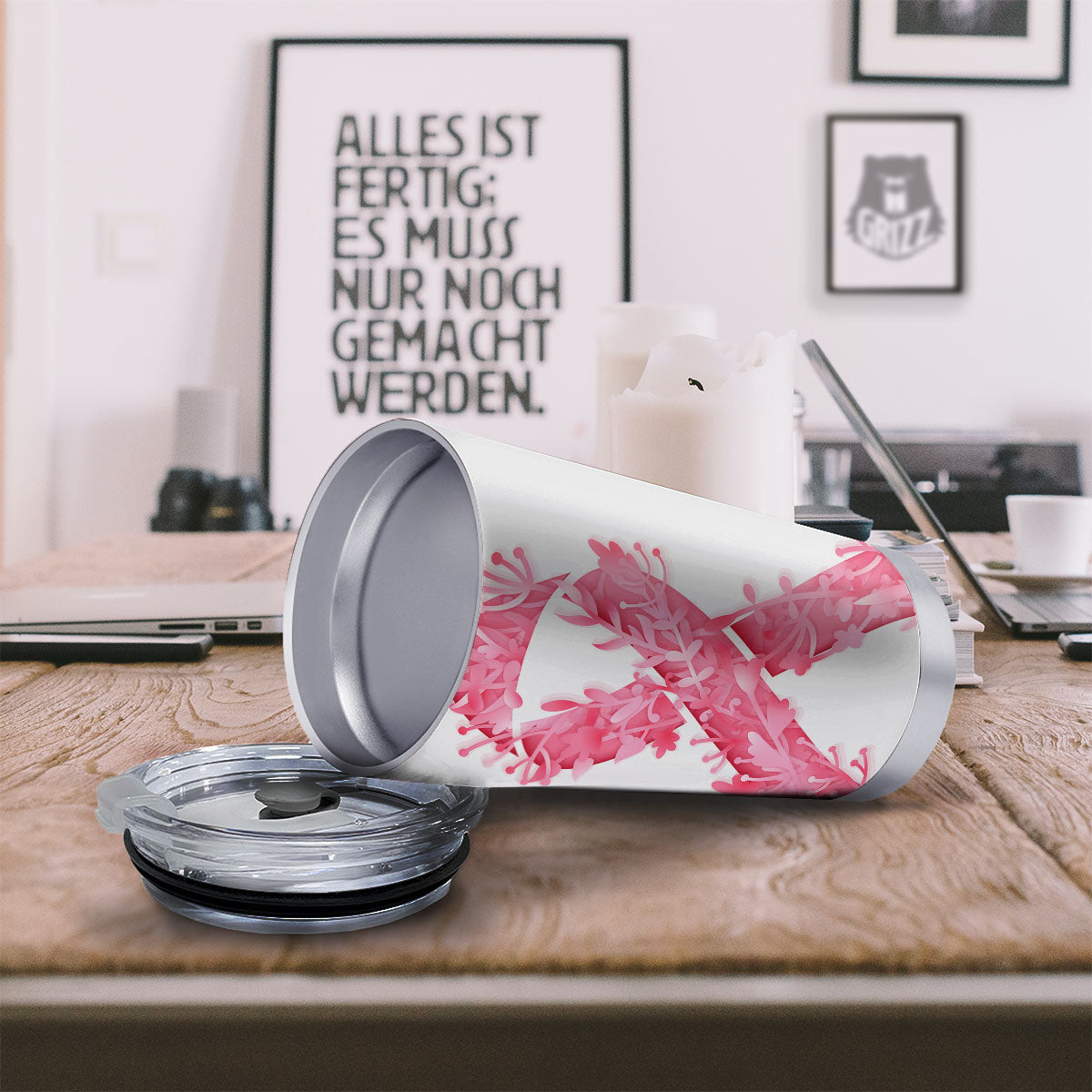 Ribbon Flower Pink Breast Cancer Print Tumbler-grizzshop