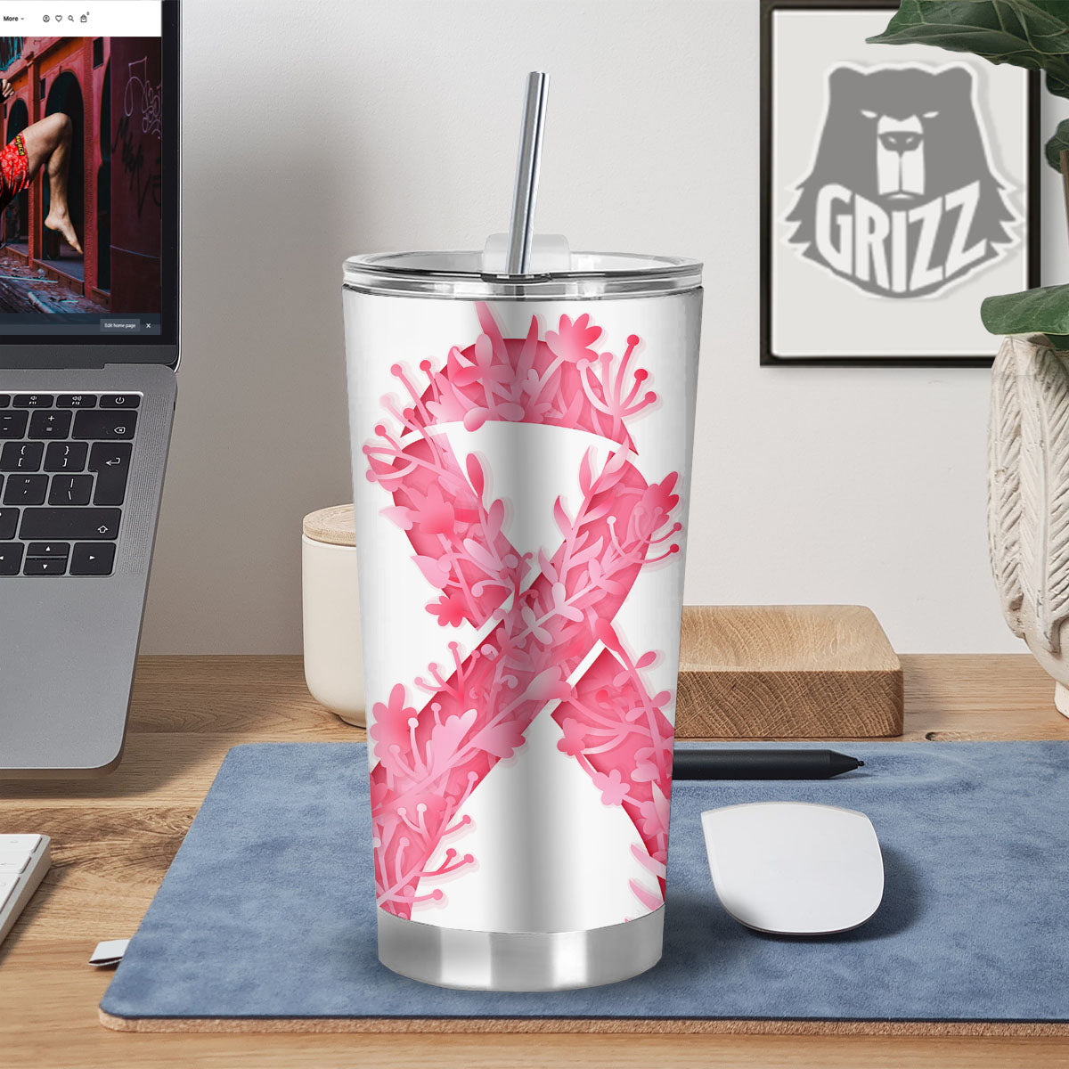 Ribbon Flower Pink Breast Cancer Print Tumbler-grizzshop