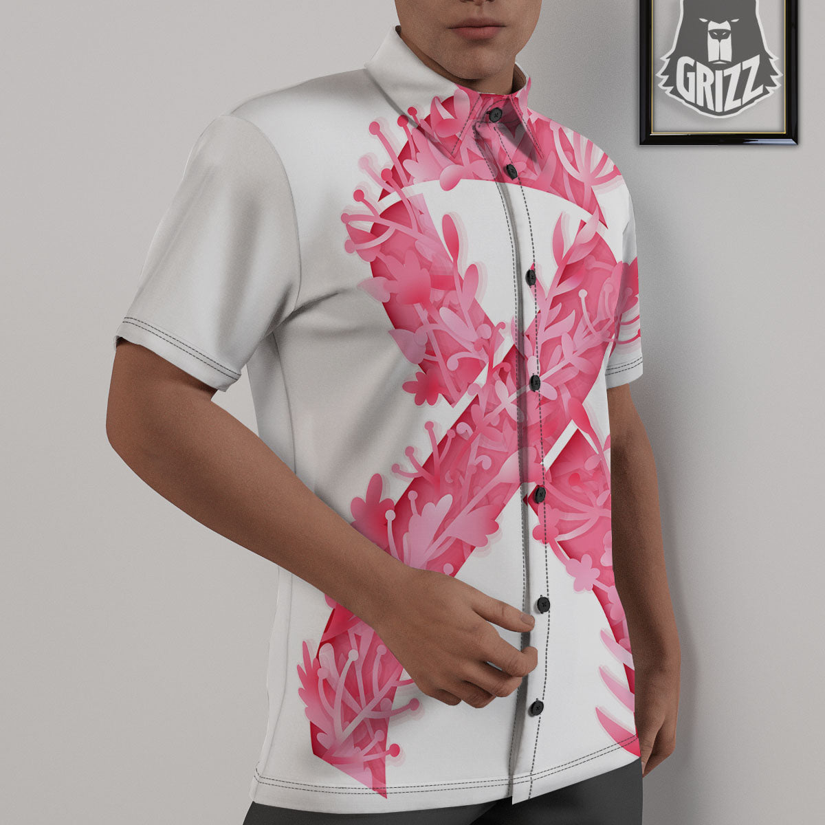 Ribbon Flower Pink Breast Cancer Print Untucked Shirts-grizzshop