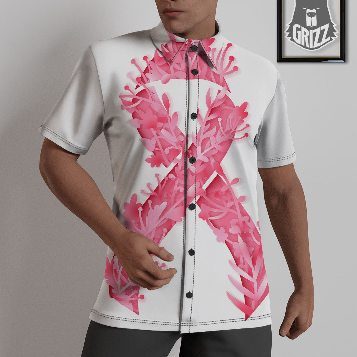 Ribbon Flower Pink Breast Cancer Print Untucked Shirts-grizzshop