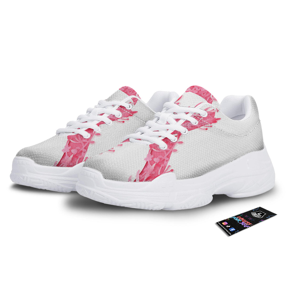 Ribbon Flower Pink Breast Cancer Print White Chunky Shoes-grizzshop