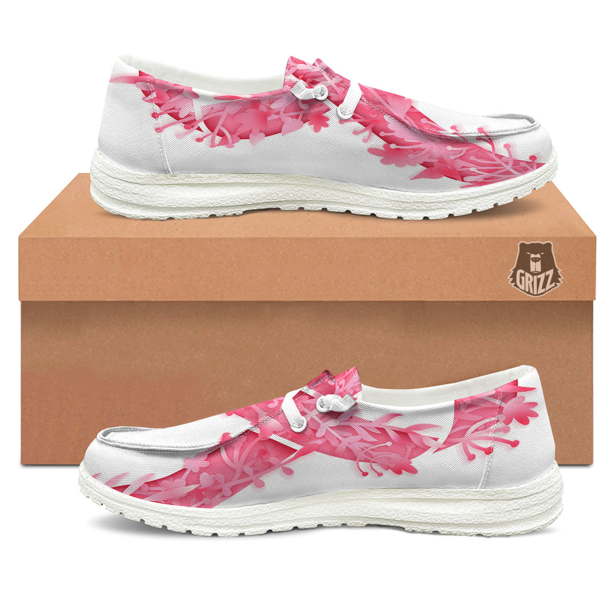 Ribbon Flower Pink Breast Cancer Print White Loafers-grizzshop