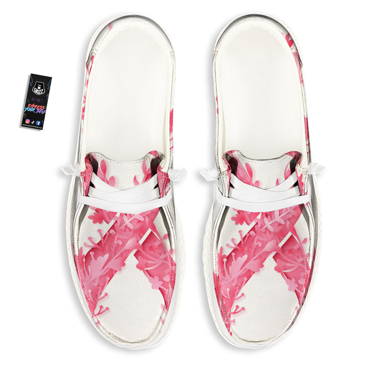 Ribbon Flower Pink Breast Cancer Print White Loafers-grizzshop