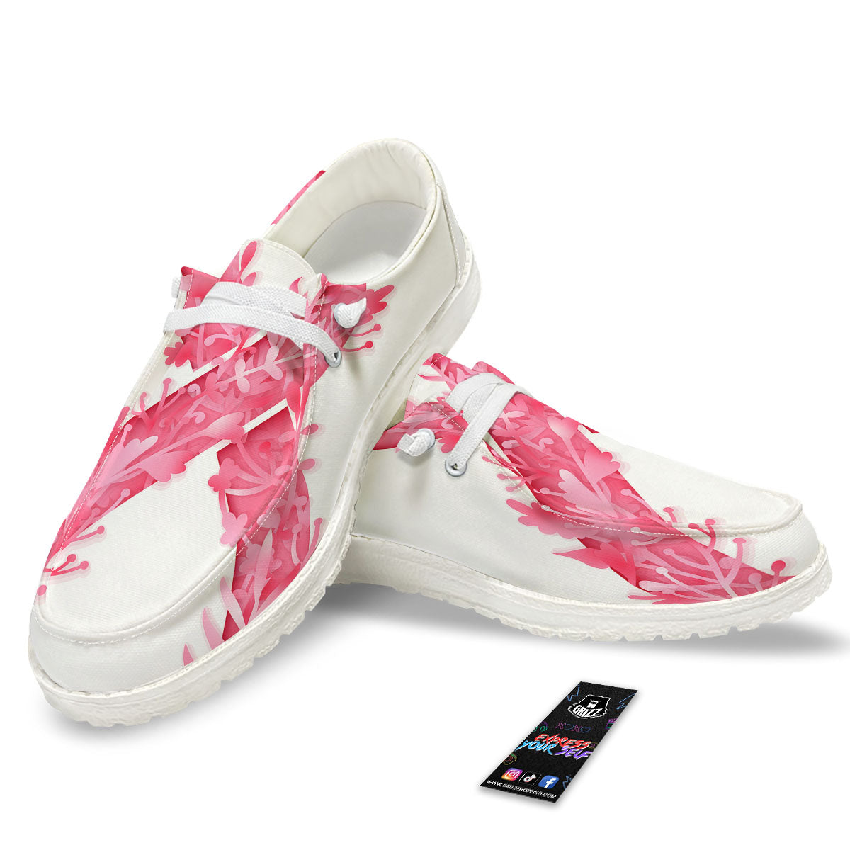 Ribbon Flower Pink Breast Cancer Print White Loafers-grizzshop