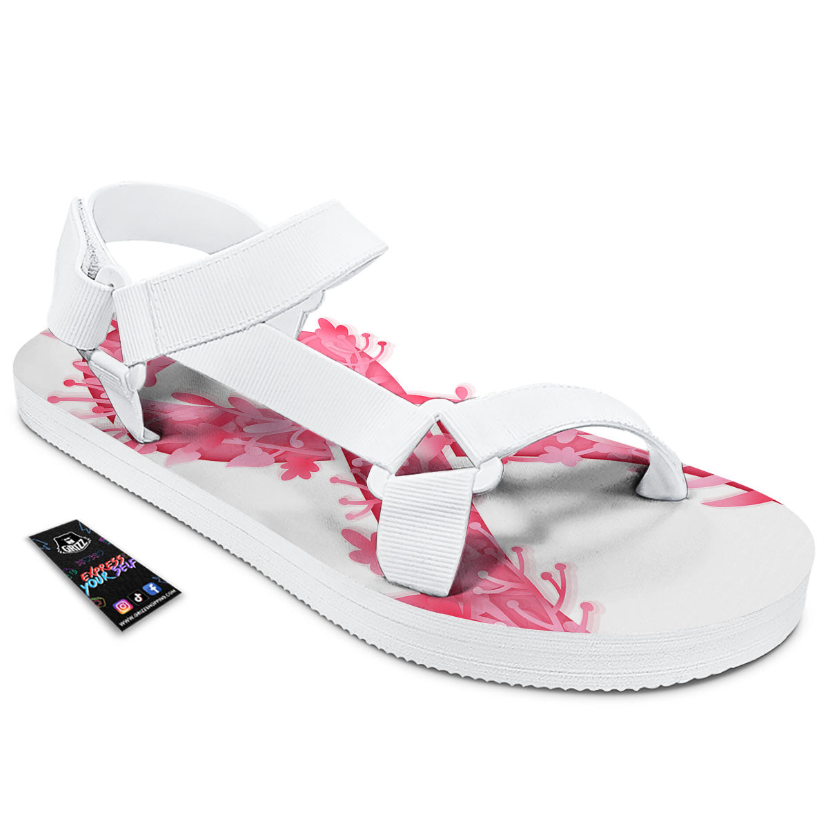 Ribbon Flower Pink Breast Cancer Print White Open Toe Sandals-grizzshop