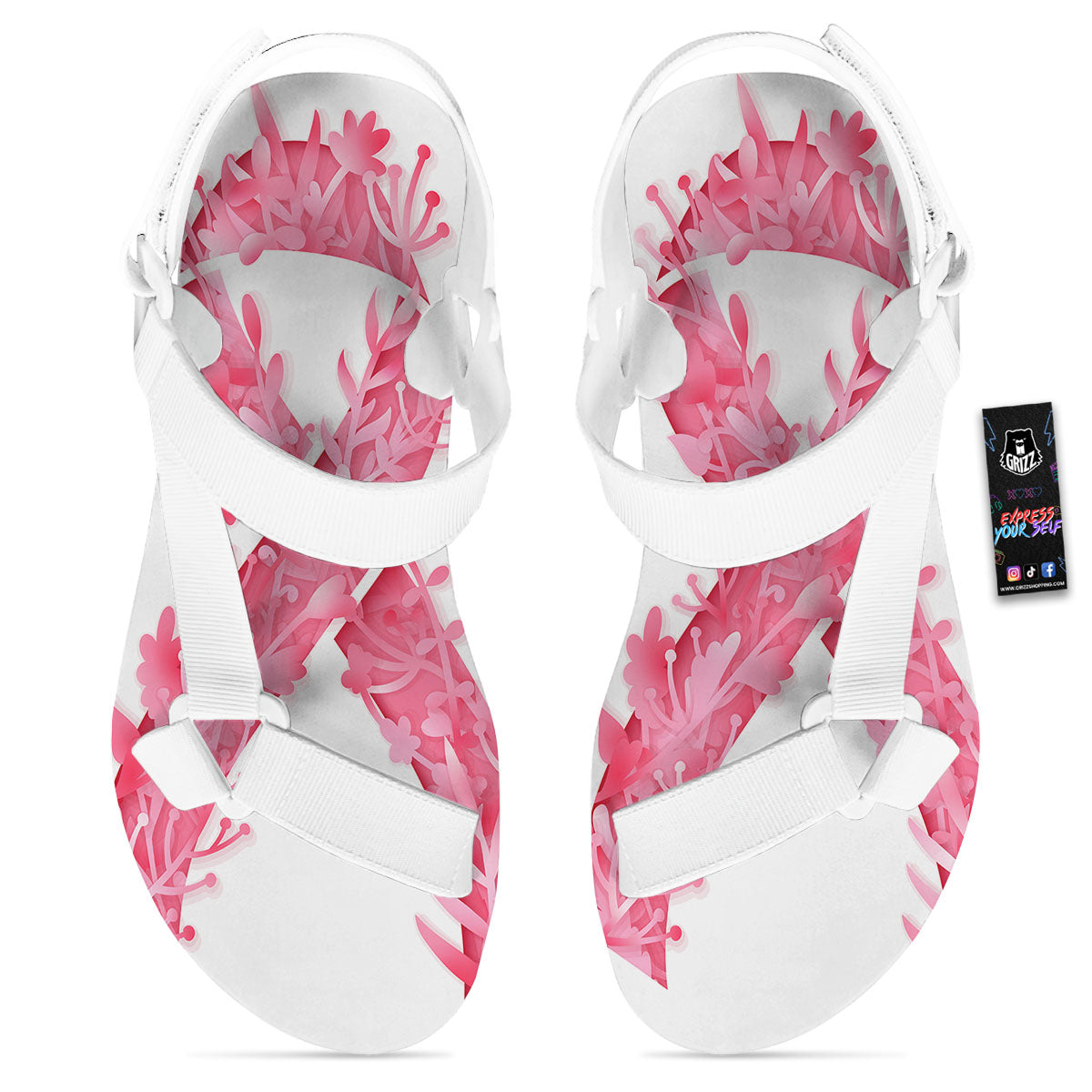 Ribbon Flower Pink Breast Cancer Print White Open Toe Sandals-grizzshop
