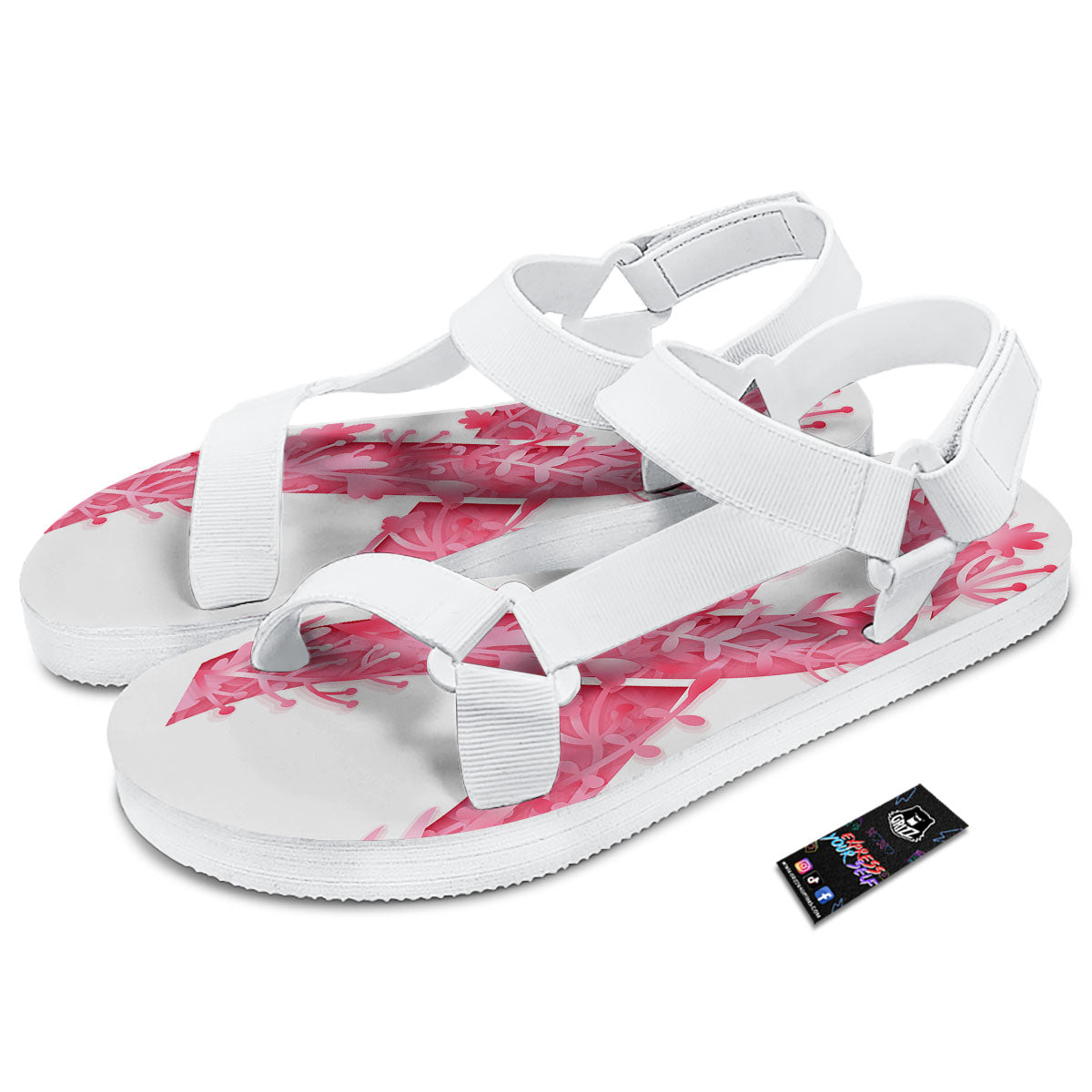 Ribbon Flower Pink Breast Cancer Print White Open Toe Sandals-grizzshop