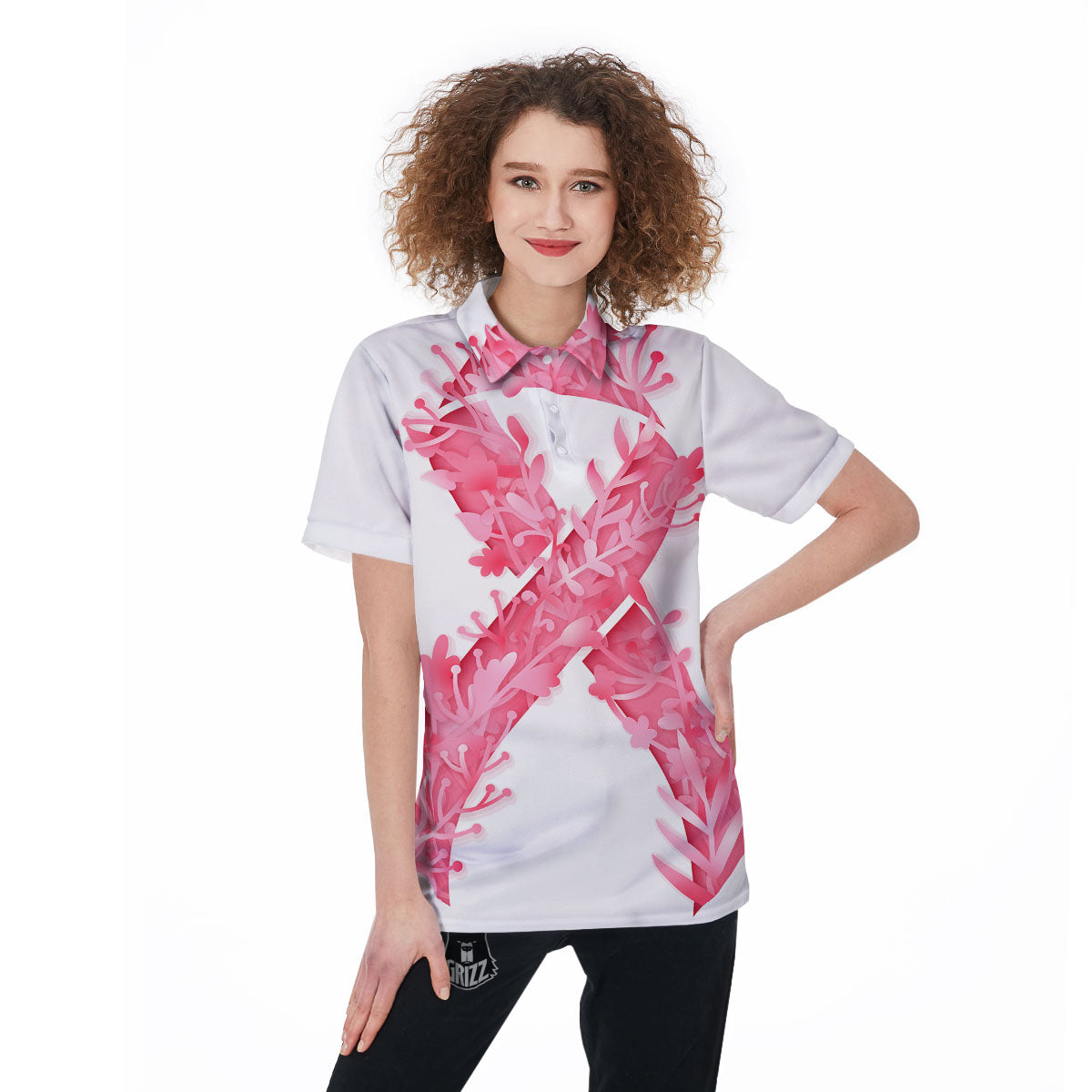 Ribbon Flower Pink Breast Cancer Print Women's Golf Shirts-grizzshop