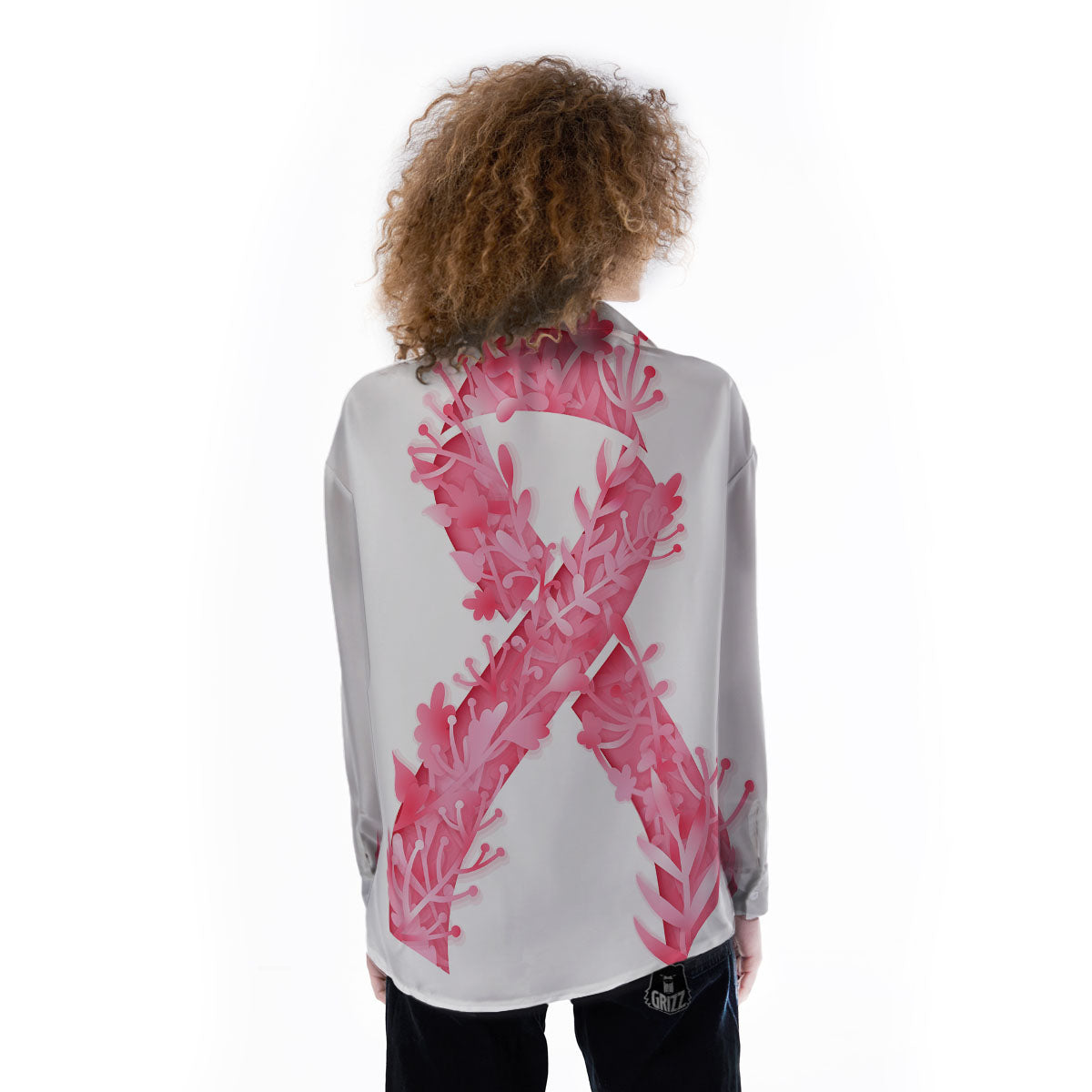 Ribbon Flower Pink Breast Cancer Print Women's Long Sleeve Shirts-grizzshop