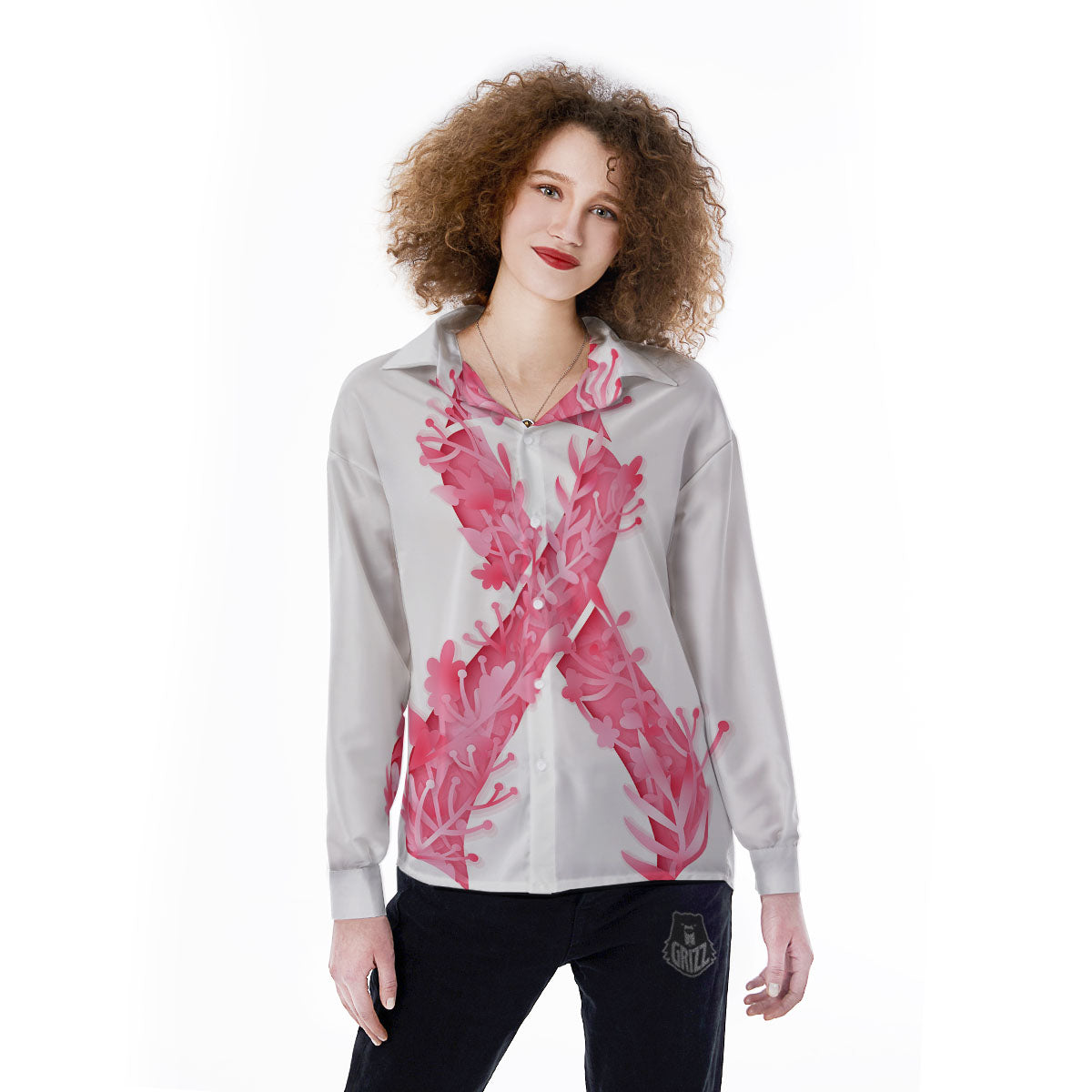 Ribbon Flower Pink Breast Cancer Print Women's Long Sleeve Shirts-grizzshop