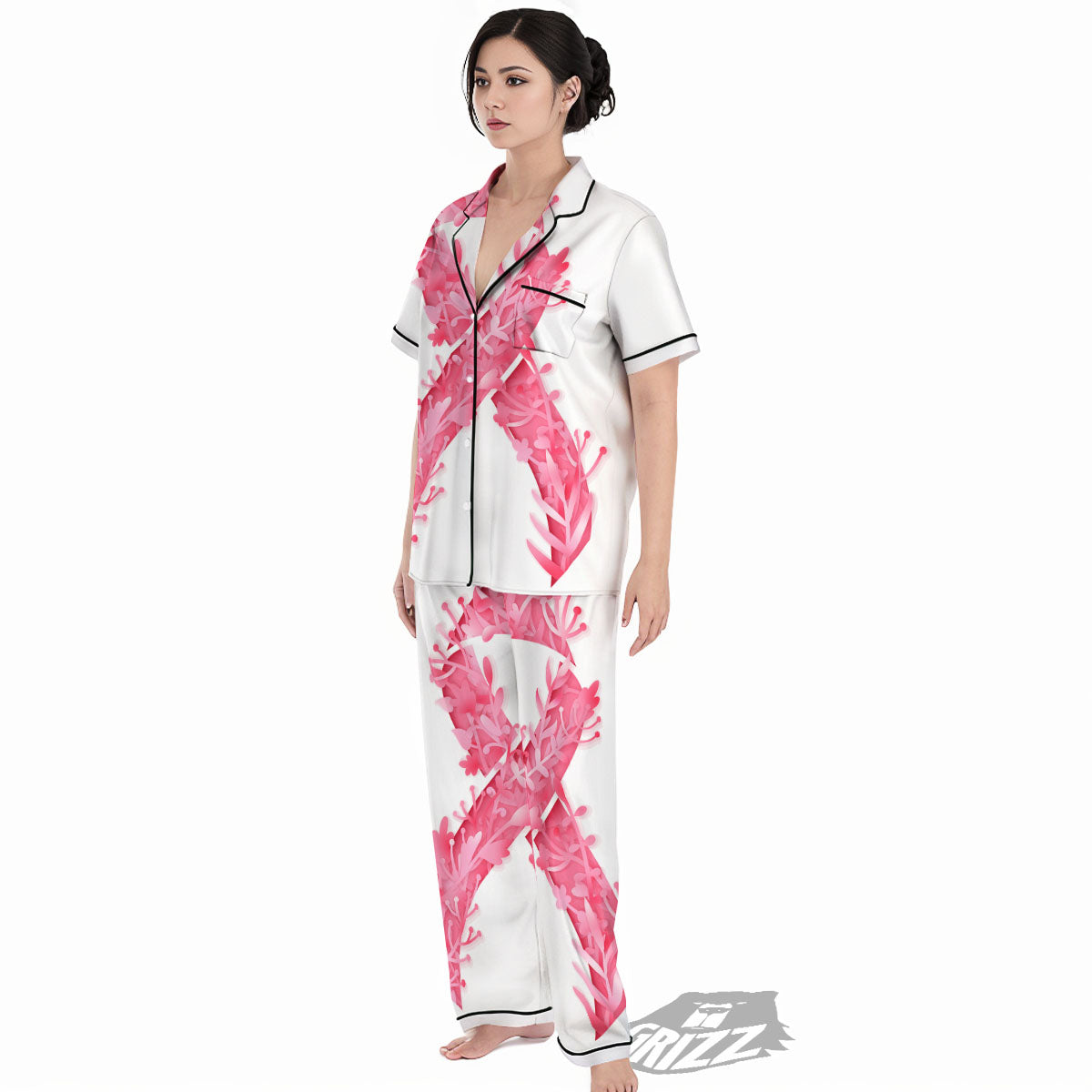 Ribbon Flower Pink Breast Cancer Print Women's Pajamas Set-grizzshop