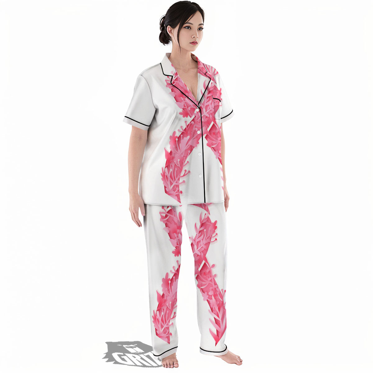 Ribbon Flower Pink Breast Cancer Print Women's Pajamas Set-grizzshop
