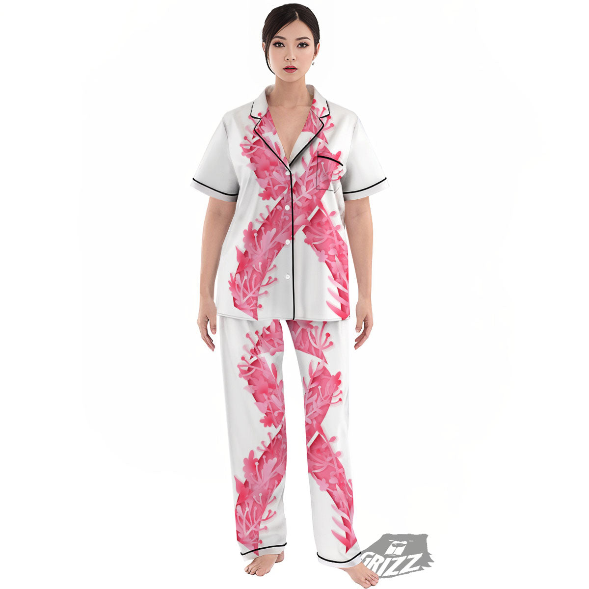 Ribbon Flower Pink Breast Cancer Print Women's Pajamas Set-grizzshop