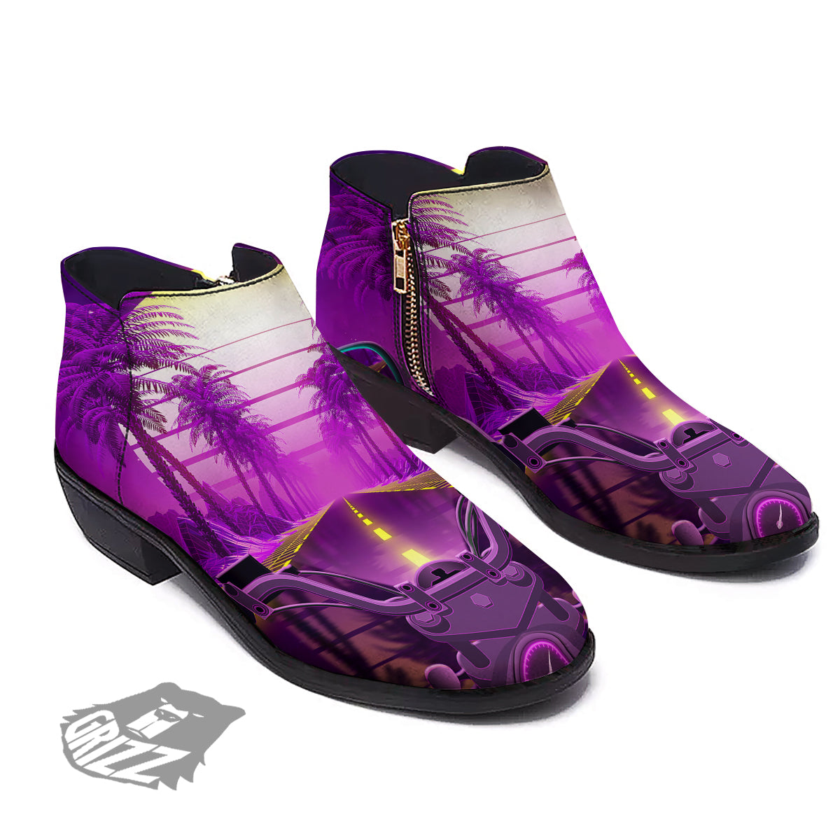 Riding Motorcycle Retro Purple Print Ankle Boots-grizzshop