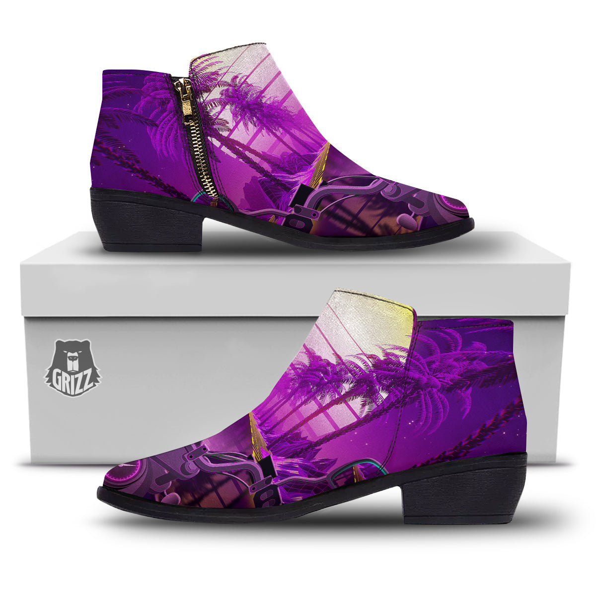 Riding Motorcycle Retro Purple Print Ankle Boots-grizzshop