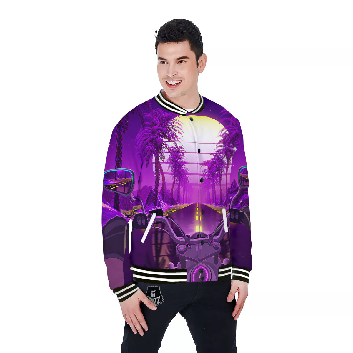 Riding Motorcycle Retro Purple Print Baseball Jacket-grizzshop