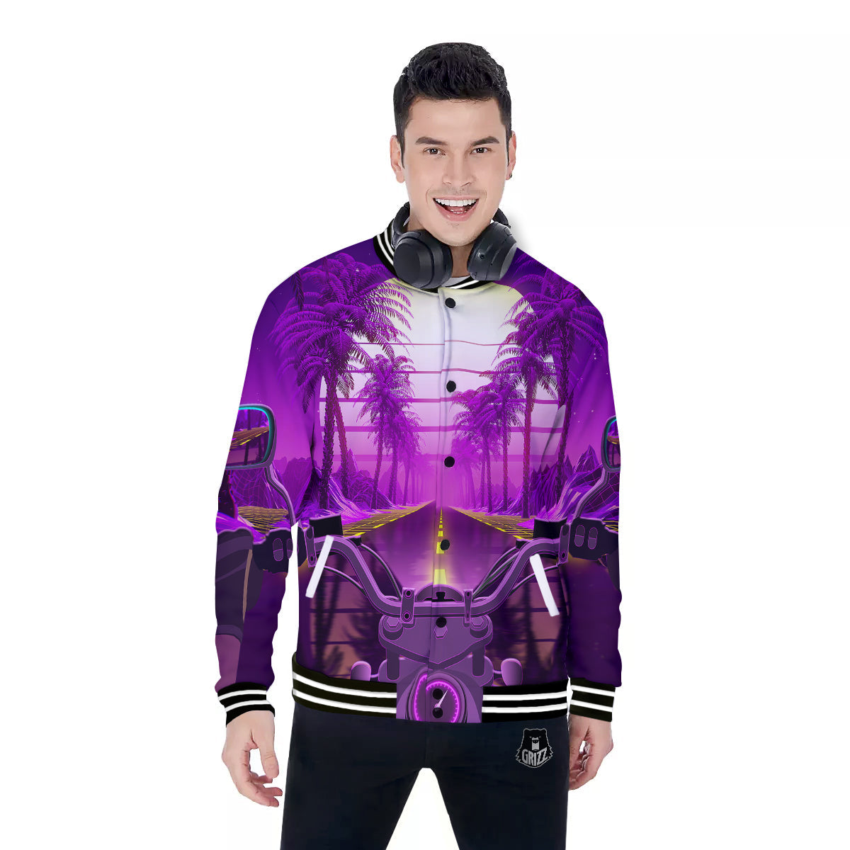Riding Motorcycle Retro Purple Print Baseball Jacket-grizzshop