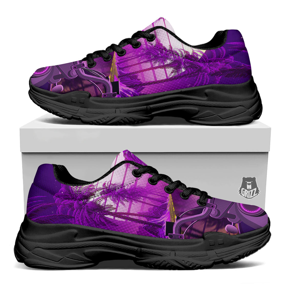 Riding Motorcycle Retro Purple Print Black Chunky Shoes-grizzshop