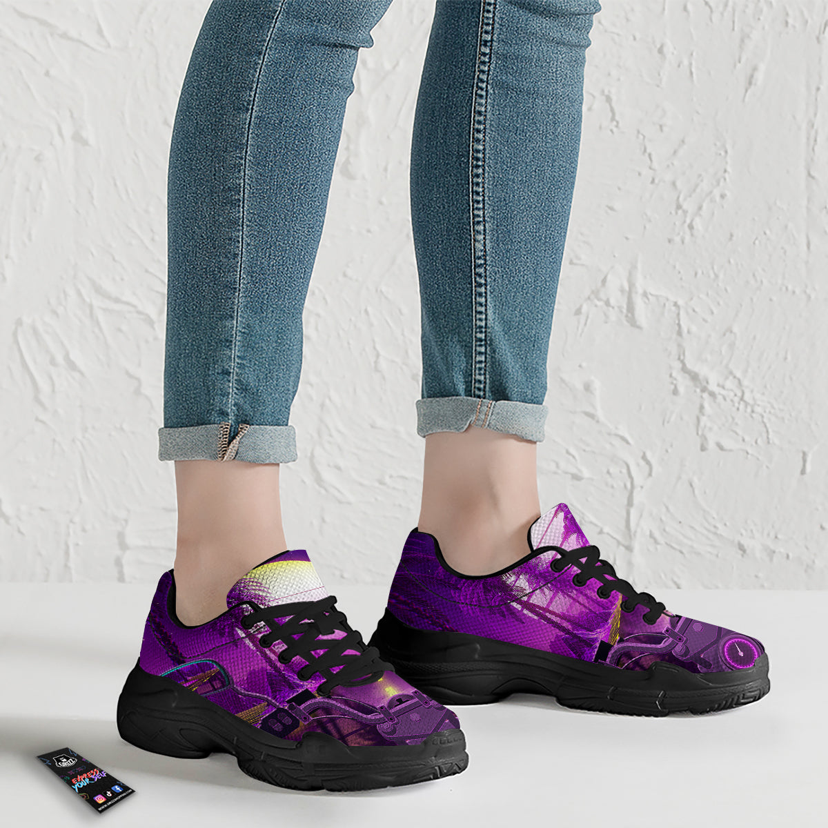 Riding Motorcycle Retro Purple Print Black Chunky Shoes-grizzshop