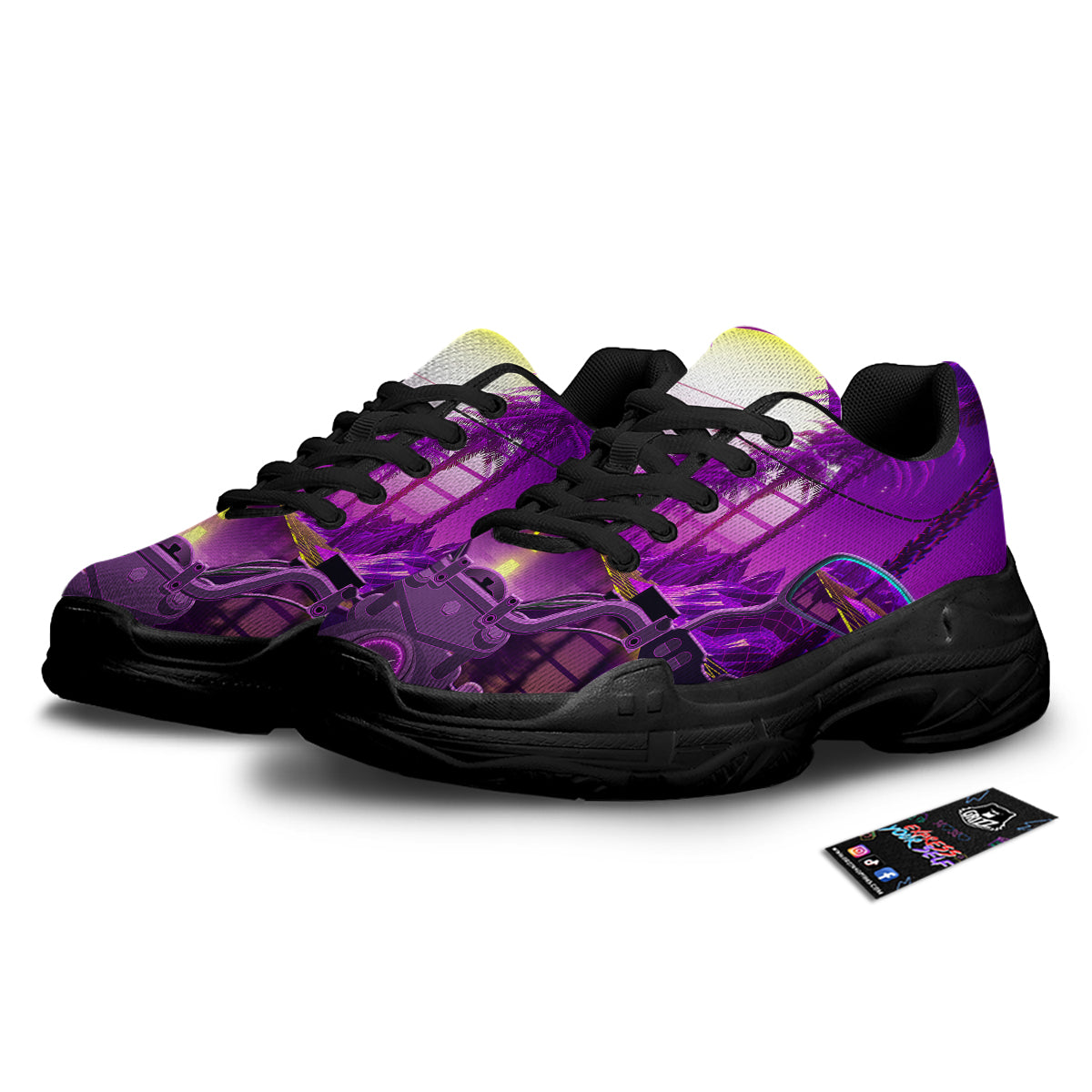 Riding Motorcycle Retro Purple Print Black Chunky Shoes-grizzshop