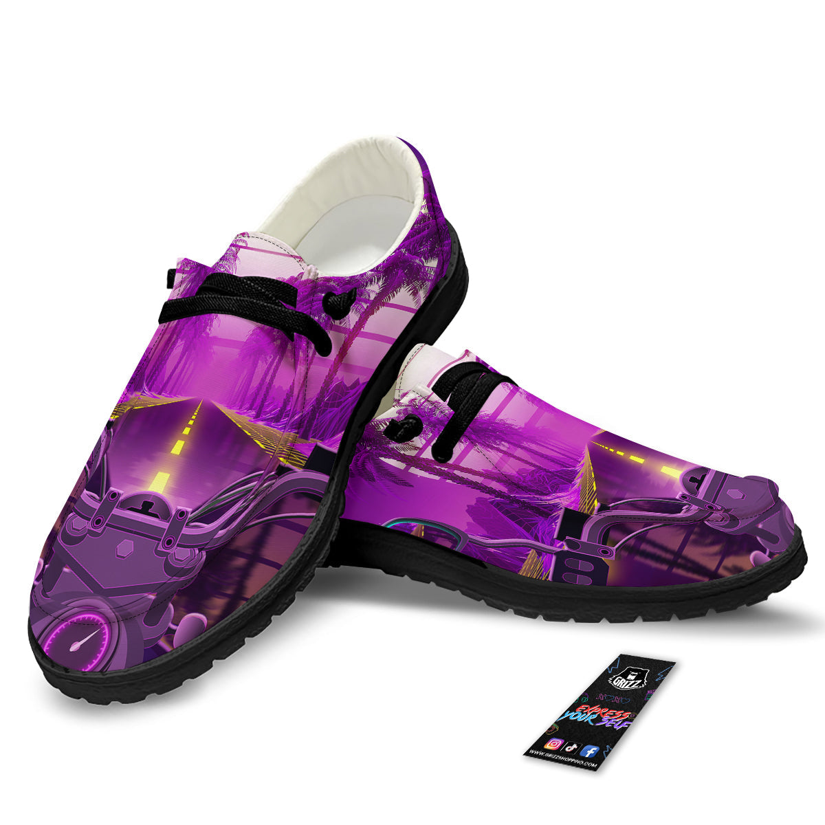 Riding Motorcycle Retro Purple Print Black Loafers-grizzshop